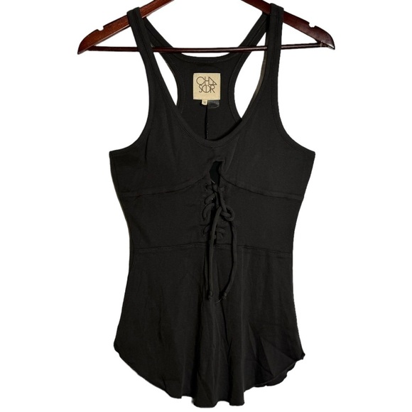 Chaser Tops - Chaser Racerback Tank Top Corset Front Curved Hem Faded Black Medium